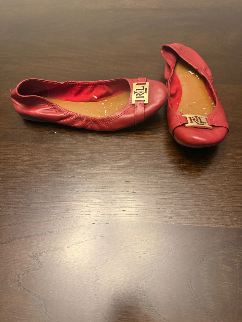 Ralph Lauren Red Betty Leather Ballet Flats with Gold RL Accent size 9